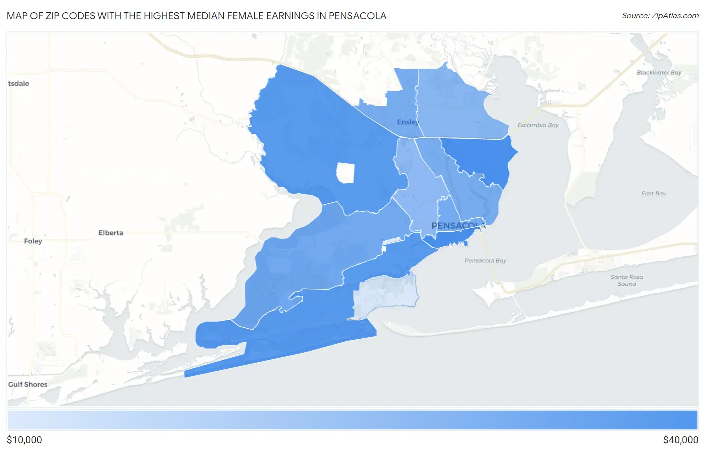 Zip Codes with the Highest Median Female Earnings in Pensacola Map