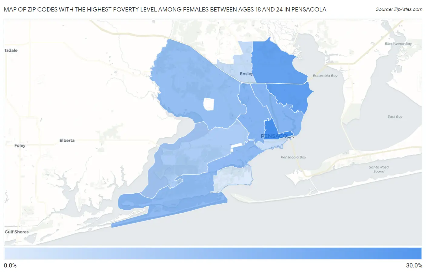 Zip Codes with the Highest Poverty Level Among Females Between Ages 18 and 24 in Pensacola Map