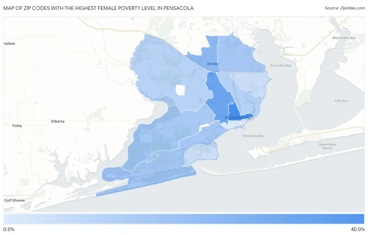 Zip Codes with the Highest Female Poverty Level in Pensacola Map