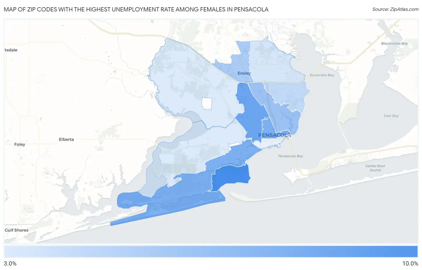 Zip Codes with the Highest Unemployment Rate Among Females in Pensacola Map