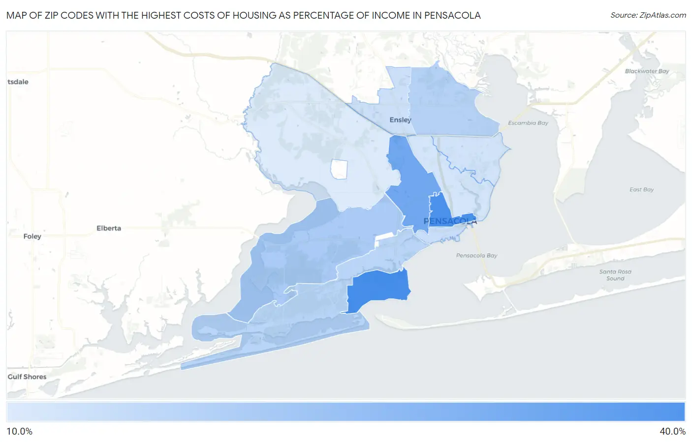 Zip Codes with the Highest Costs of Housing as Percentage of Income in Pensacola Map