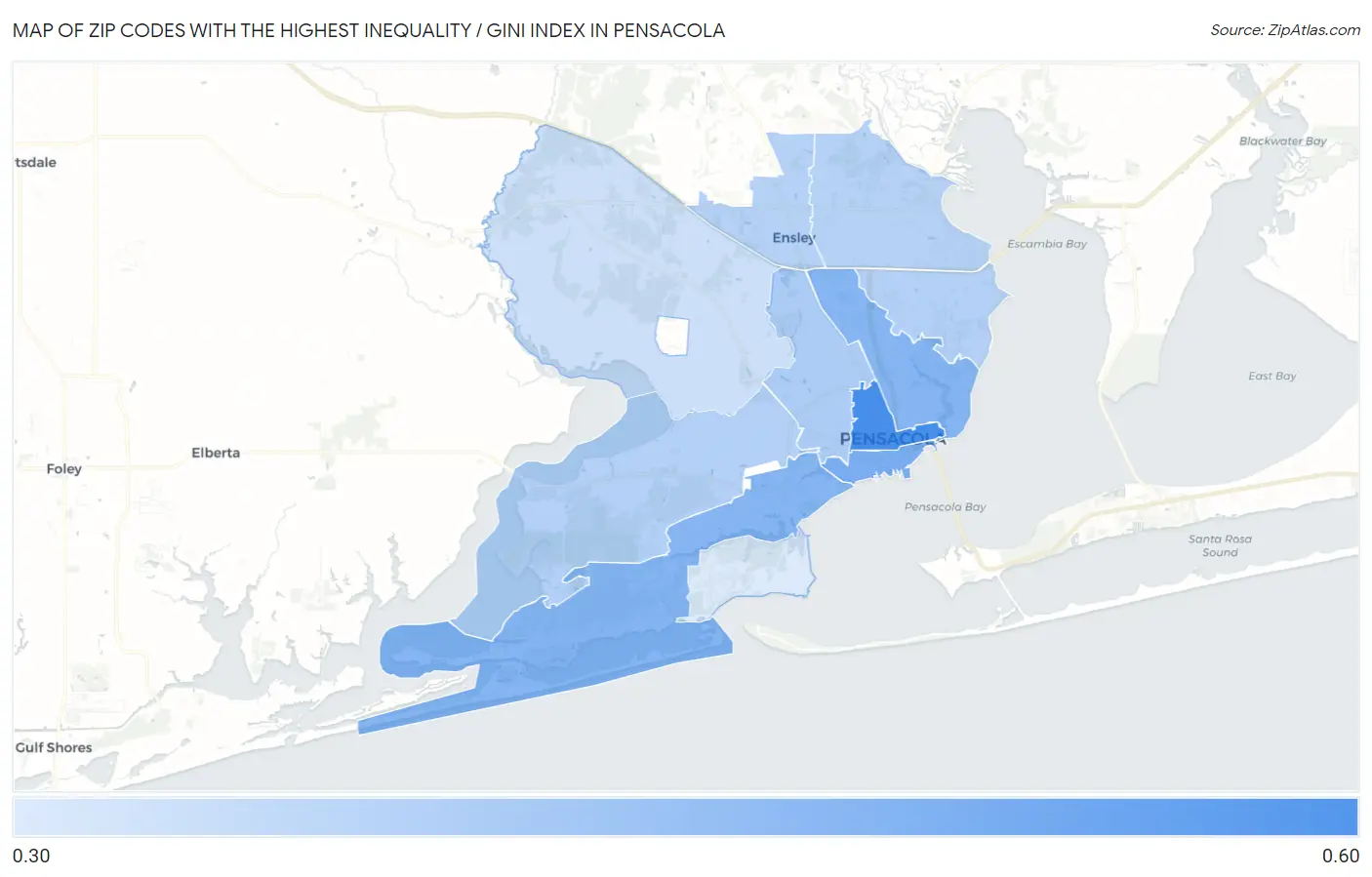 Zip Codes with the Highest Inequality / Gini Index in Pensacola Map