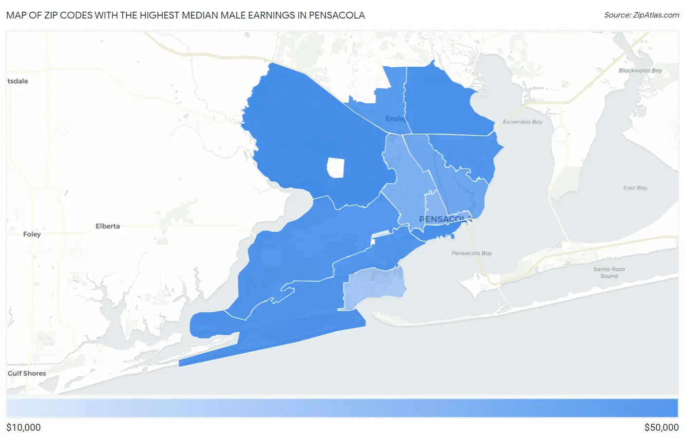 Zip Codes with the Highest Median Male Earnings in Pensacola Map