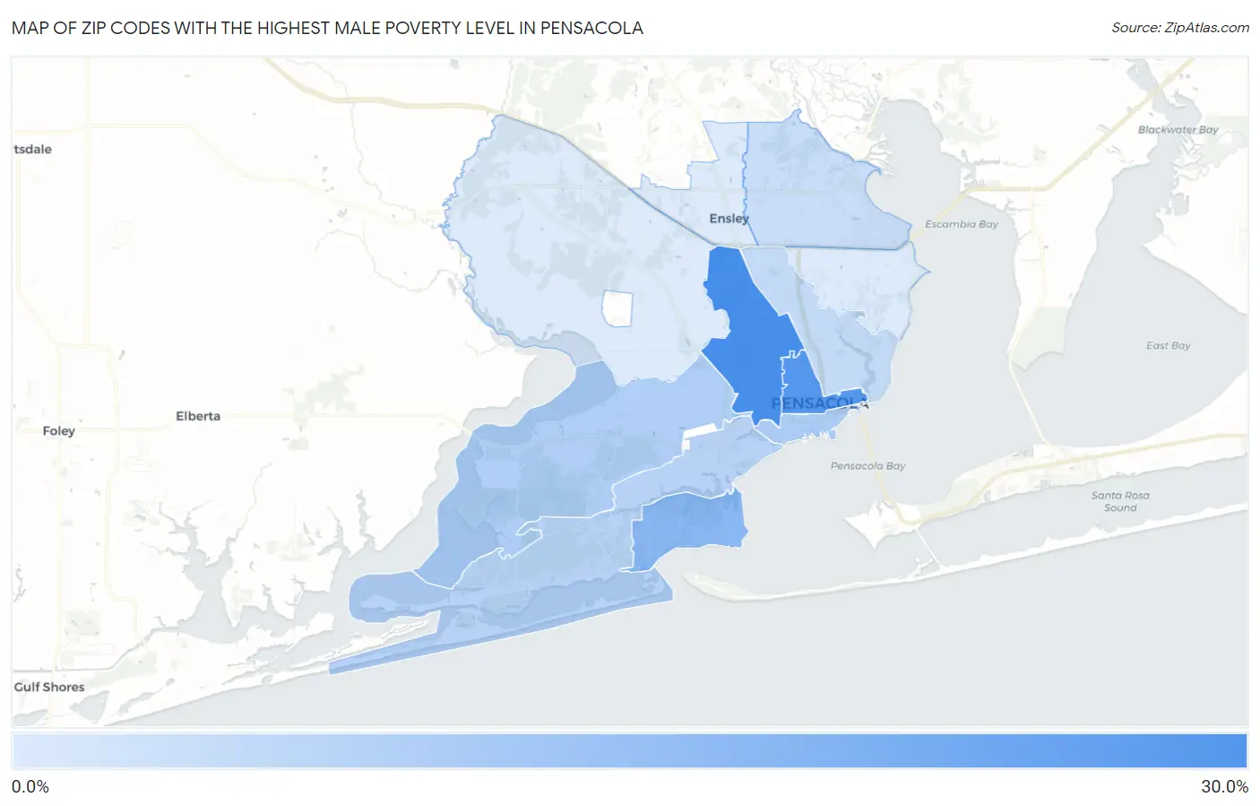 Zip Codes with the Highest Male Poverty Level in Pensacola Map
