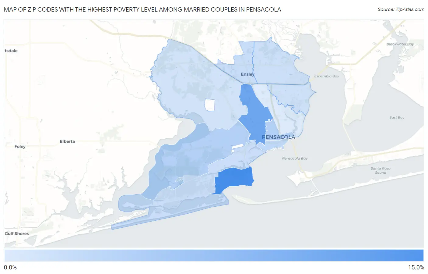 Zip Codes with the Highest Poverty Level Among Married Couples in Pensacola Map