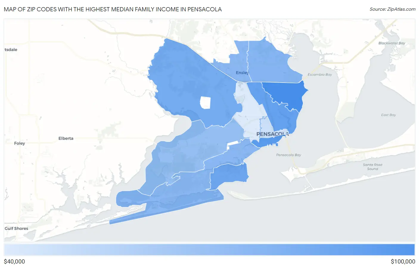 Zip Codes with the Highest Median Family Income in Pensacola Map