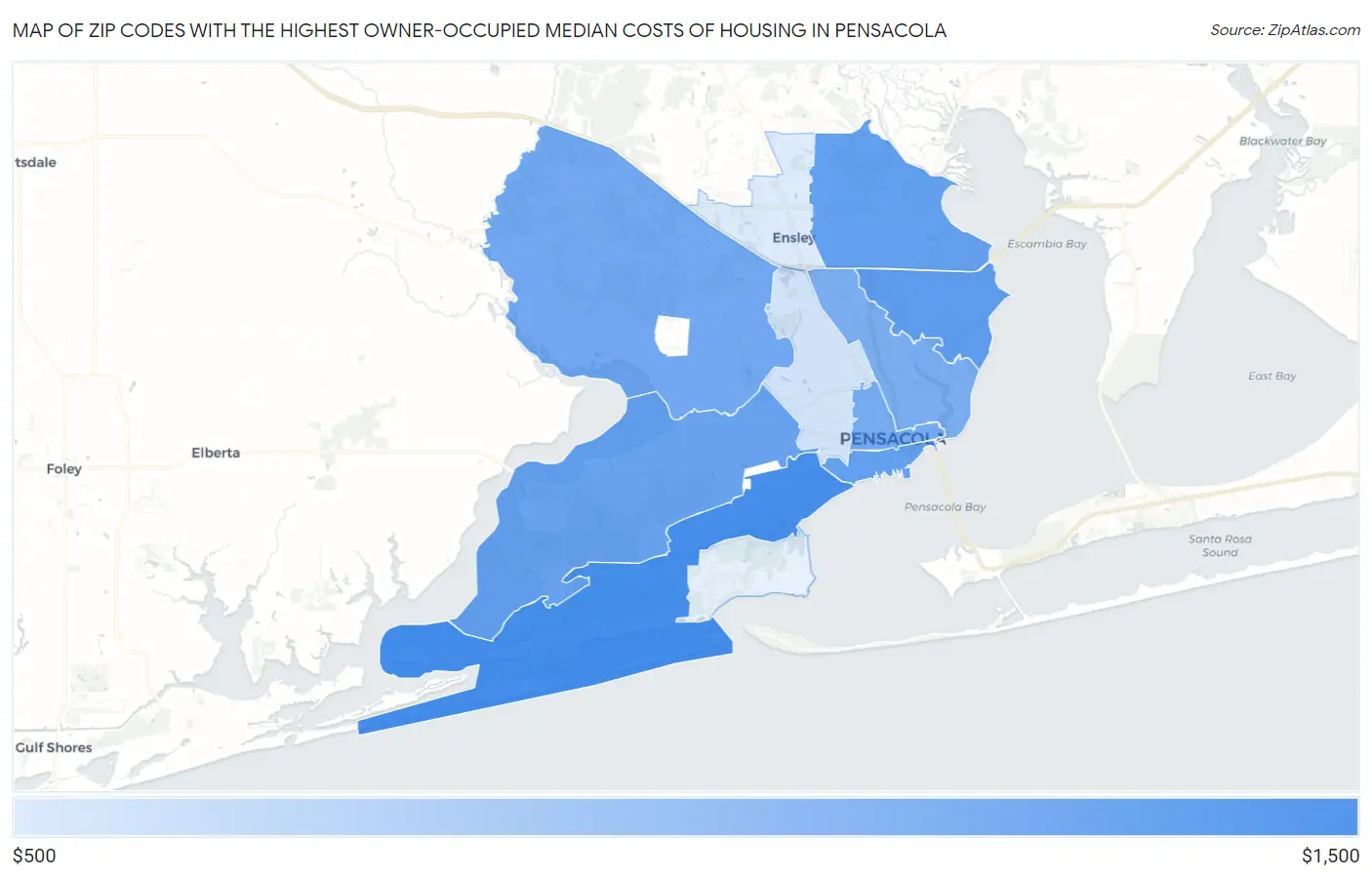 Zip Codes with the Highest Owner-Occupied Median Costs of Housing in Pensacola Map
