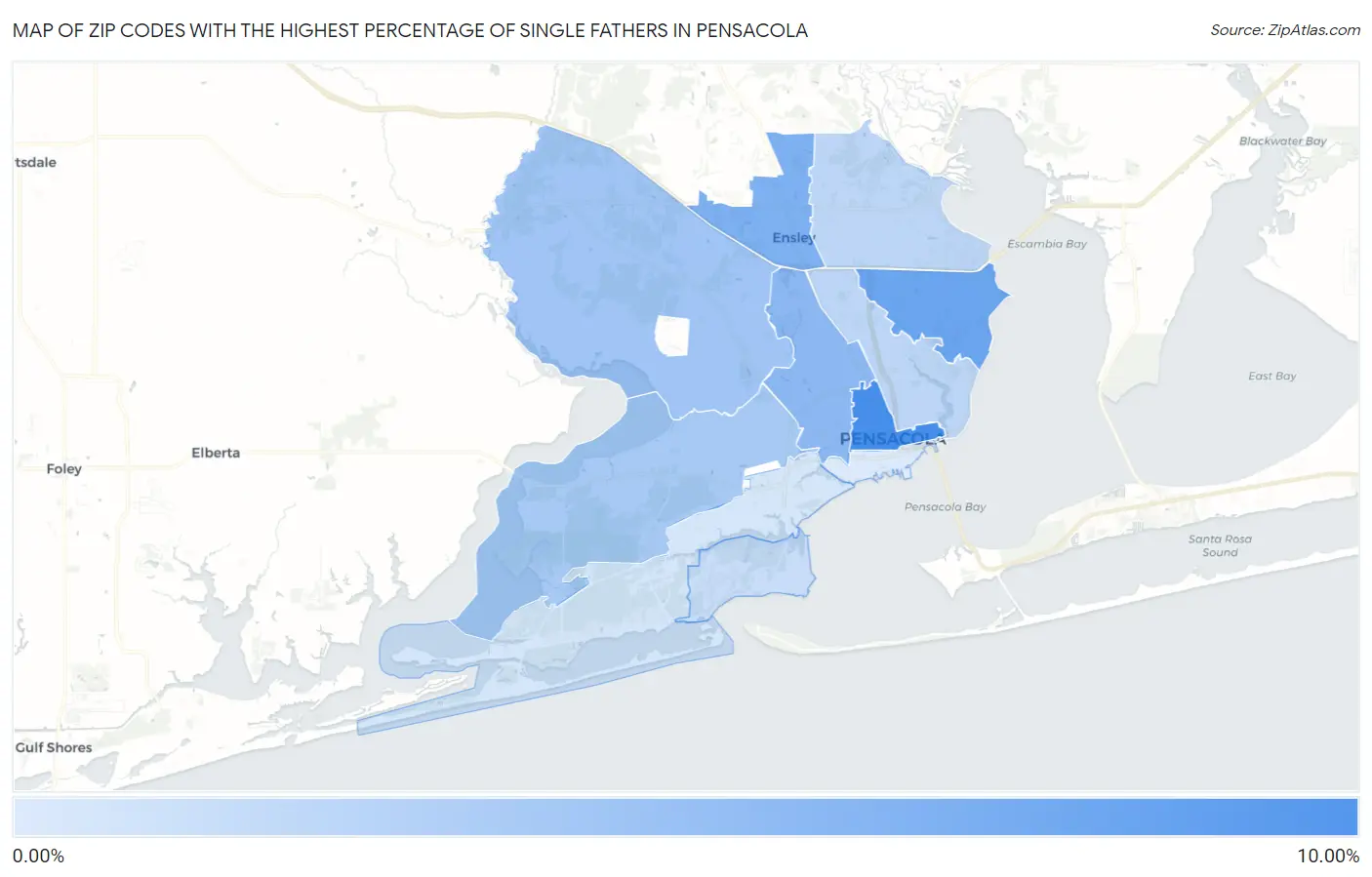 Zip Codes with the Highest Percentage of Single Fathers in Pensacola Map