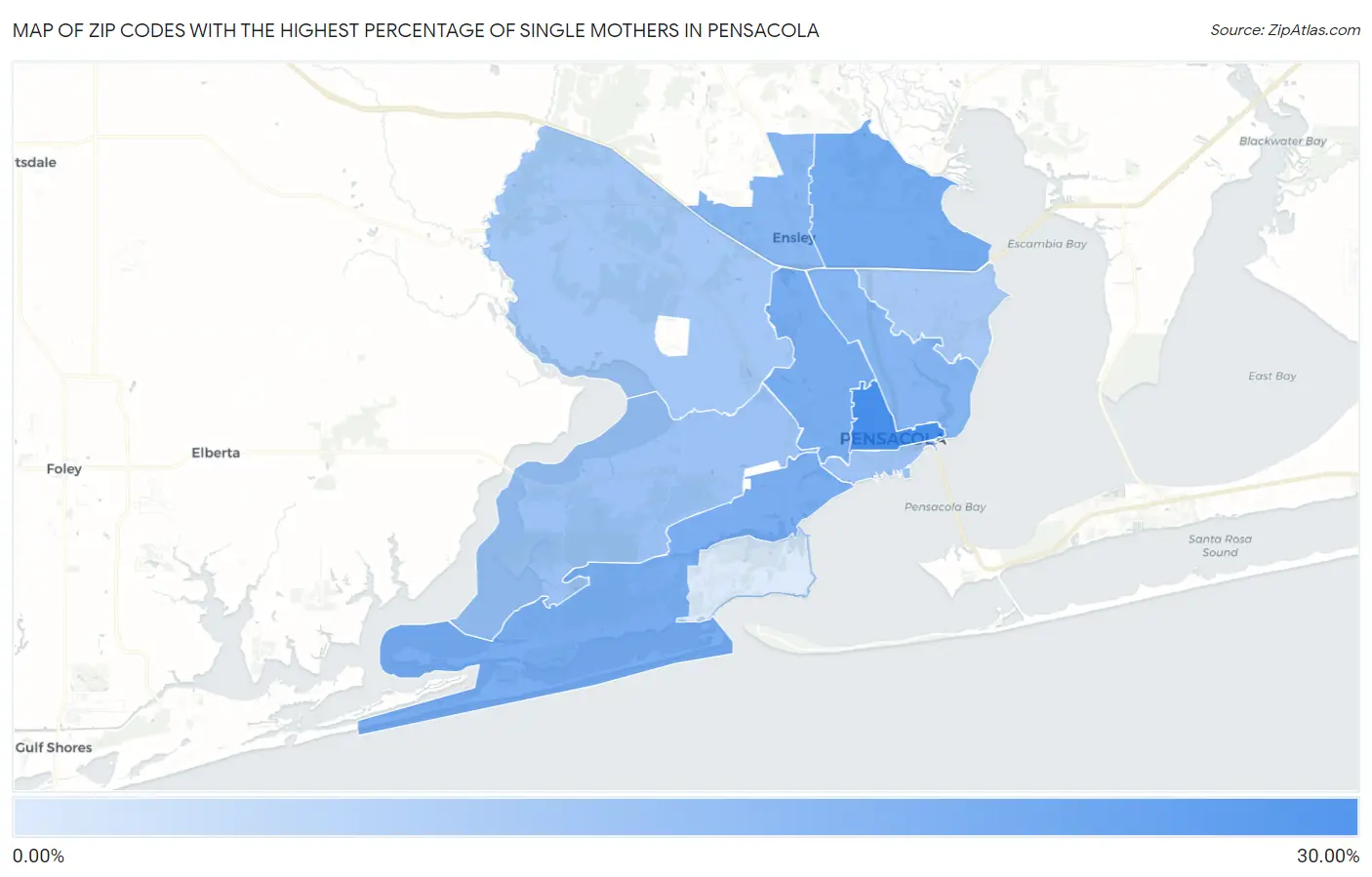 Zip Codes with the Highest Percentage of Single Mothers in Pensacola Map