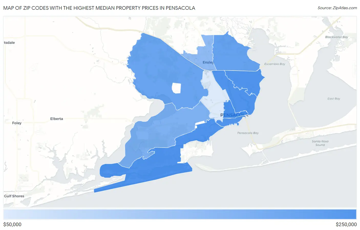 Zip Codes with the Highest Median Property Prices in Pensacola Map