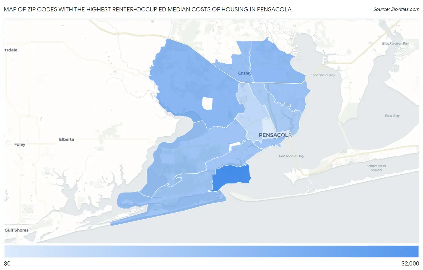 Zip Codes with the Highest Renter-Occupied Median Costs of Housing in Pensacola Map