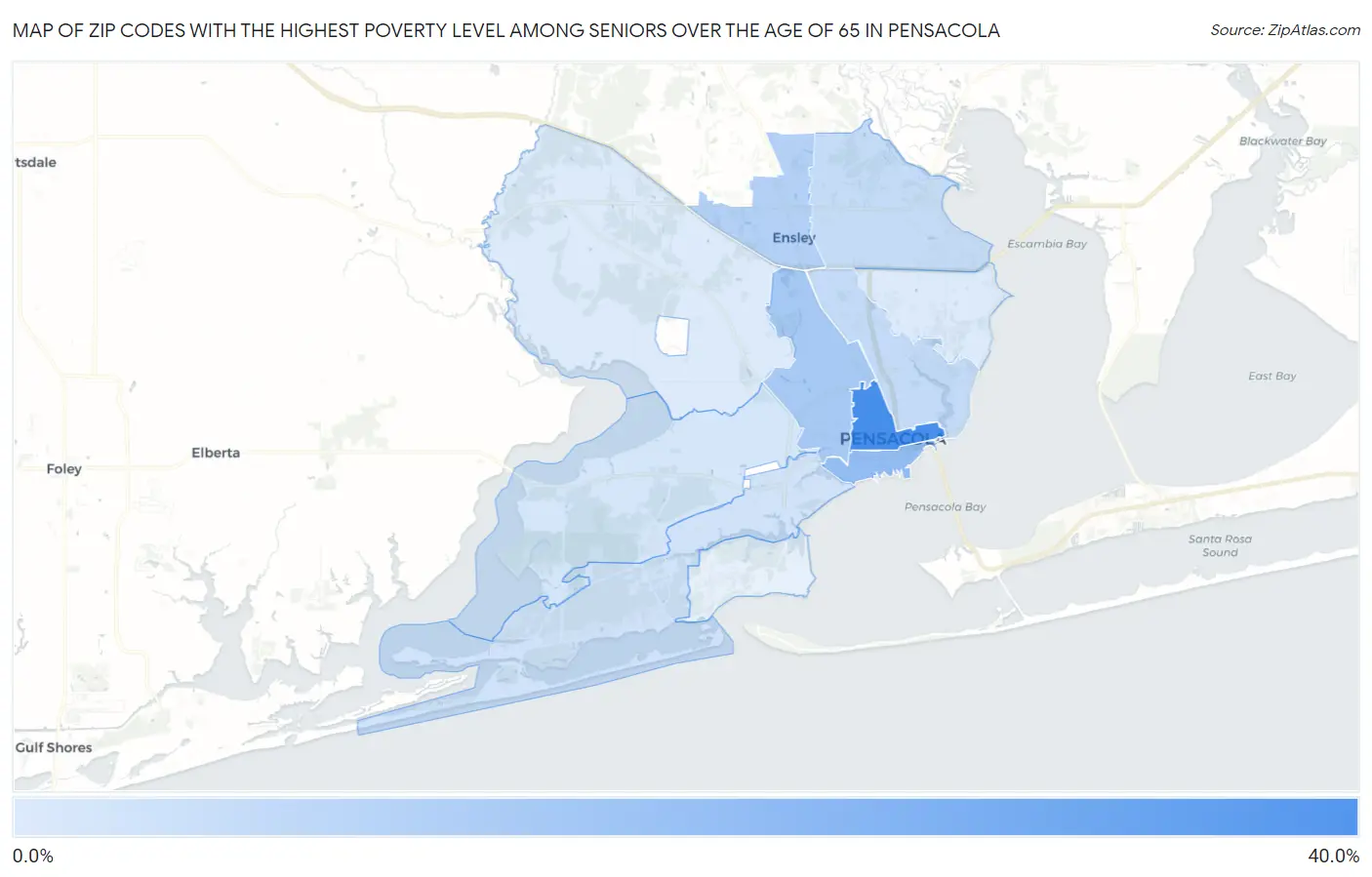 Zip Codes with the Highest Poverty Level Among Seniors Over the Age of 65 in Pensacola Map