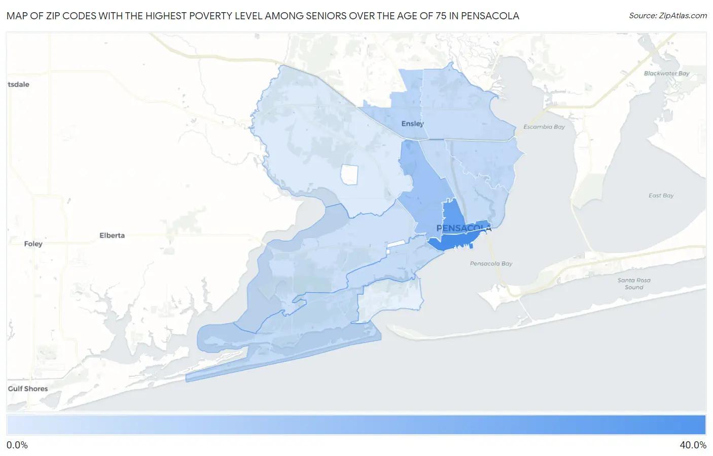 Zip Codes with the Highest Poverty Level Among Seniors Over the Age of 75 in Pensacola Map