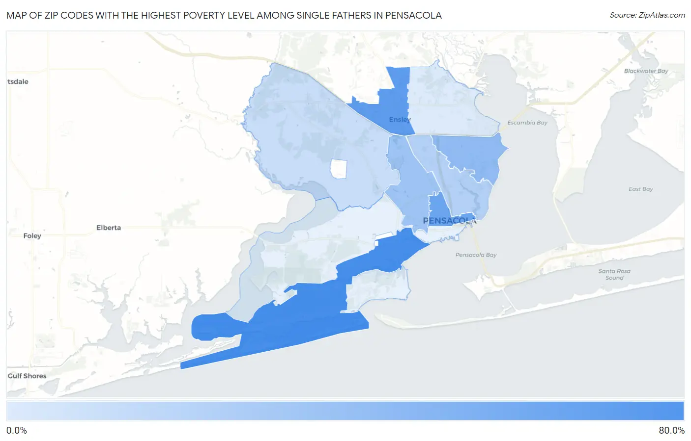 Zip Codes with the Highest Poverty Level Among Single Fathers in Pensacola Map