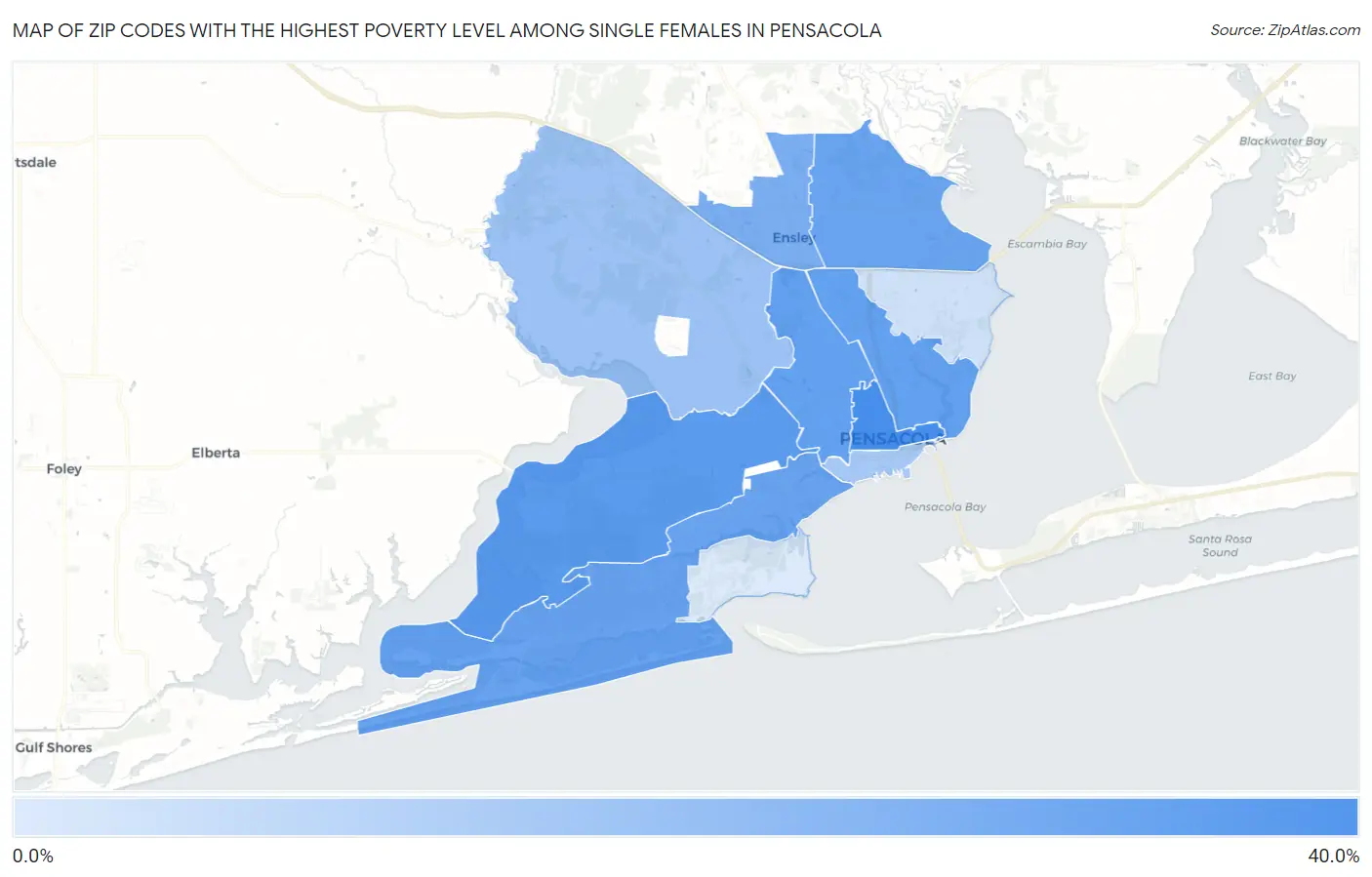 Zip Codes with the Highest Poverty Level Among Single Females in Pensacola Map