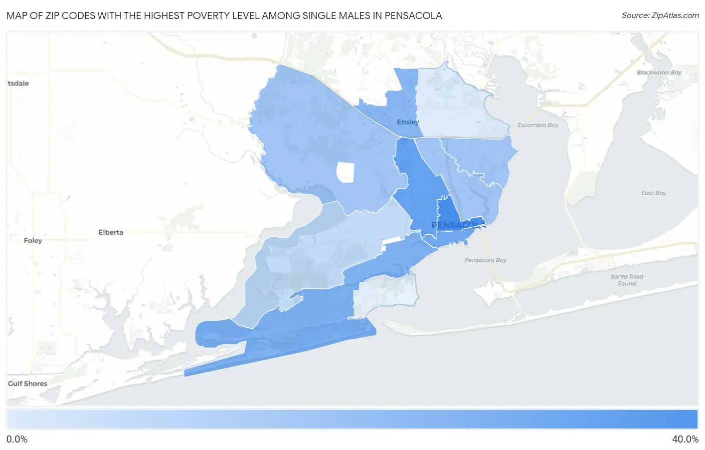 Zip Codes with the Highest Poverty Level Among Single Males in Pensacola Map
