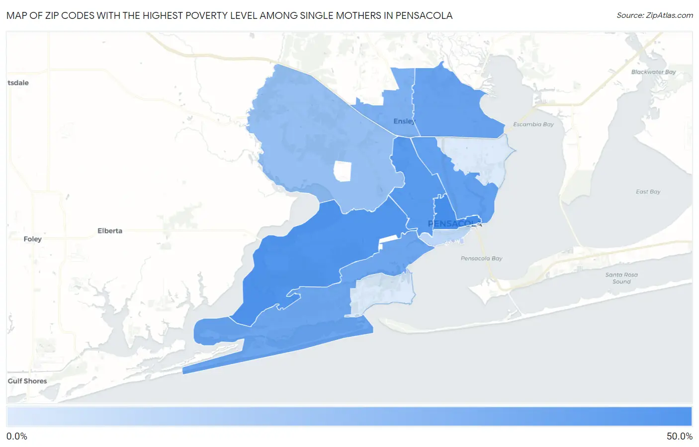 Zip Codes with the Highest Poverty Level Among Single Mothers in Pensacola Map