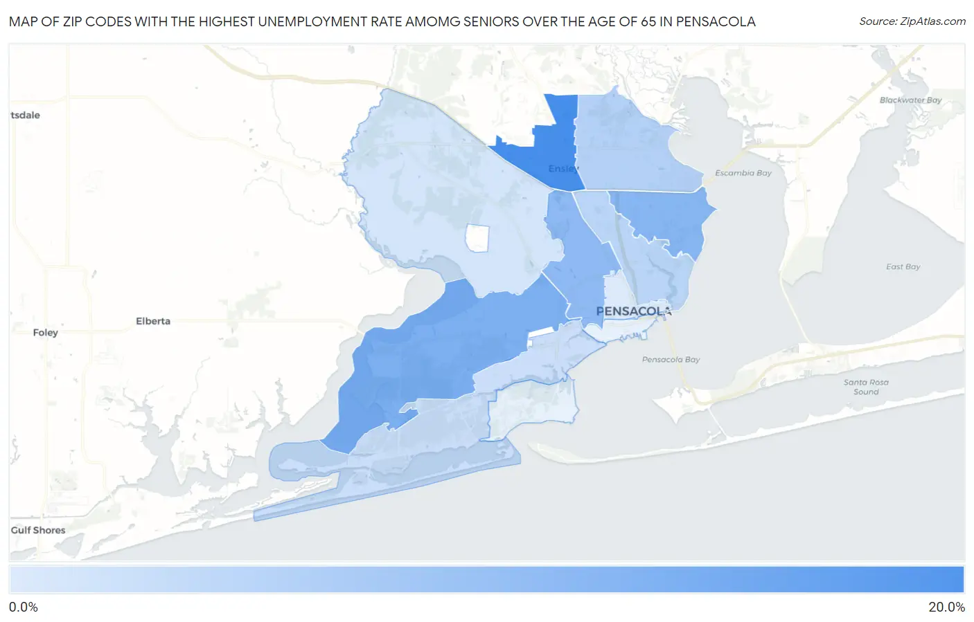 Zip Codes with the Highest Unemployment Rate Amomg Seniors Over the Age of 65 in Pensacola Map