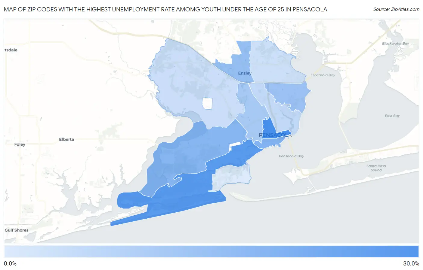 Zip Codes with the Highest Unemployment Rate Amomg Youth Under the Age of 25 in Pensacola Map