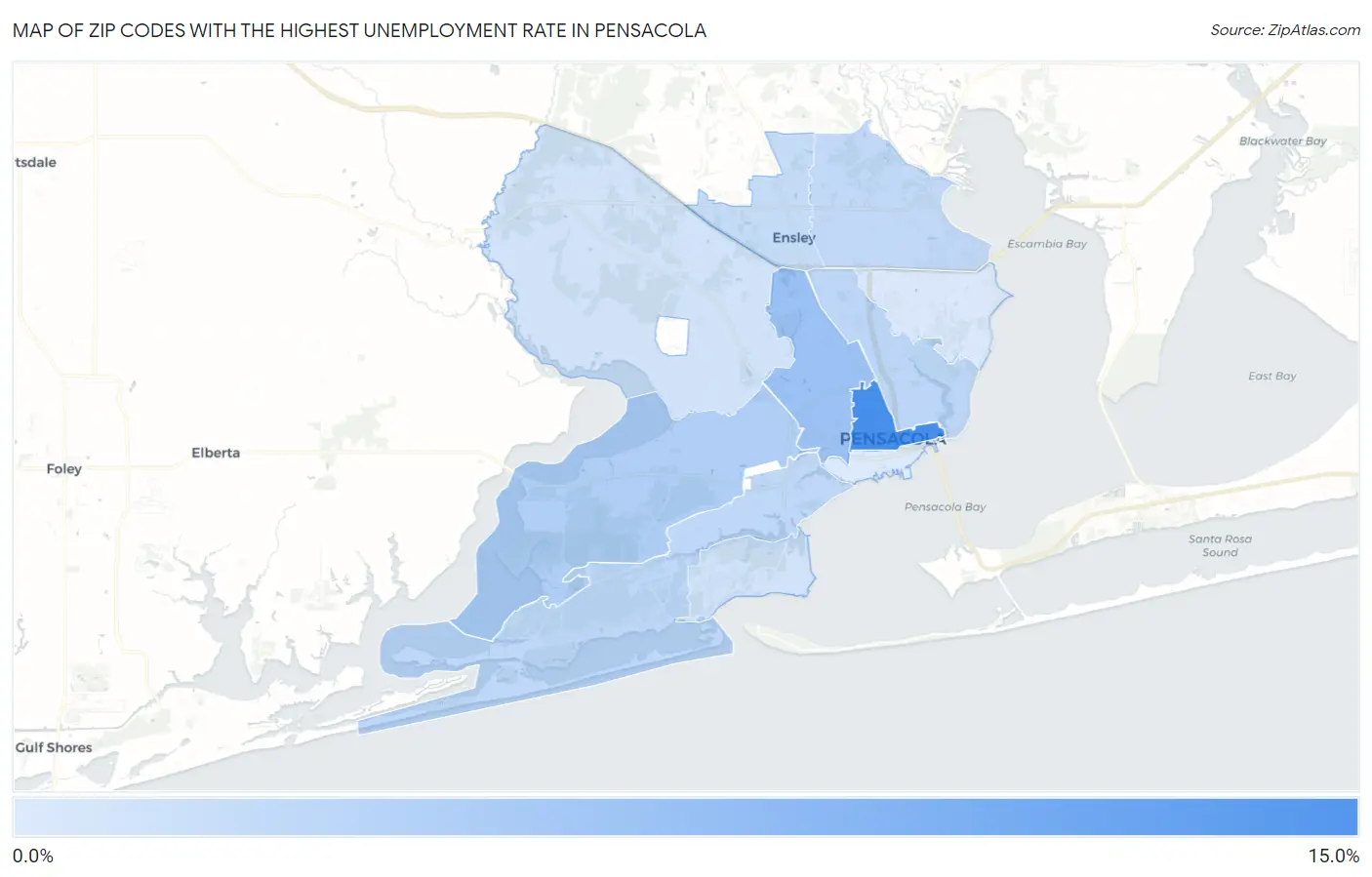Zip Codes with the Highest Unemployment Rate in Pensacola Map