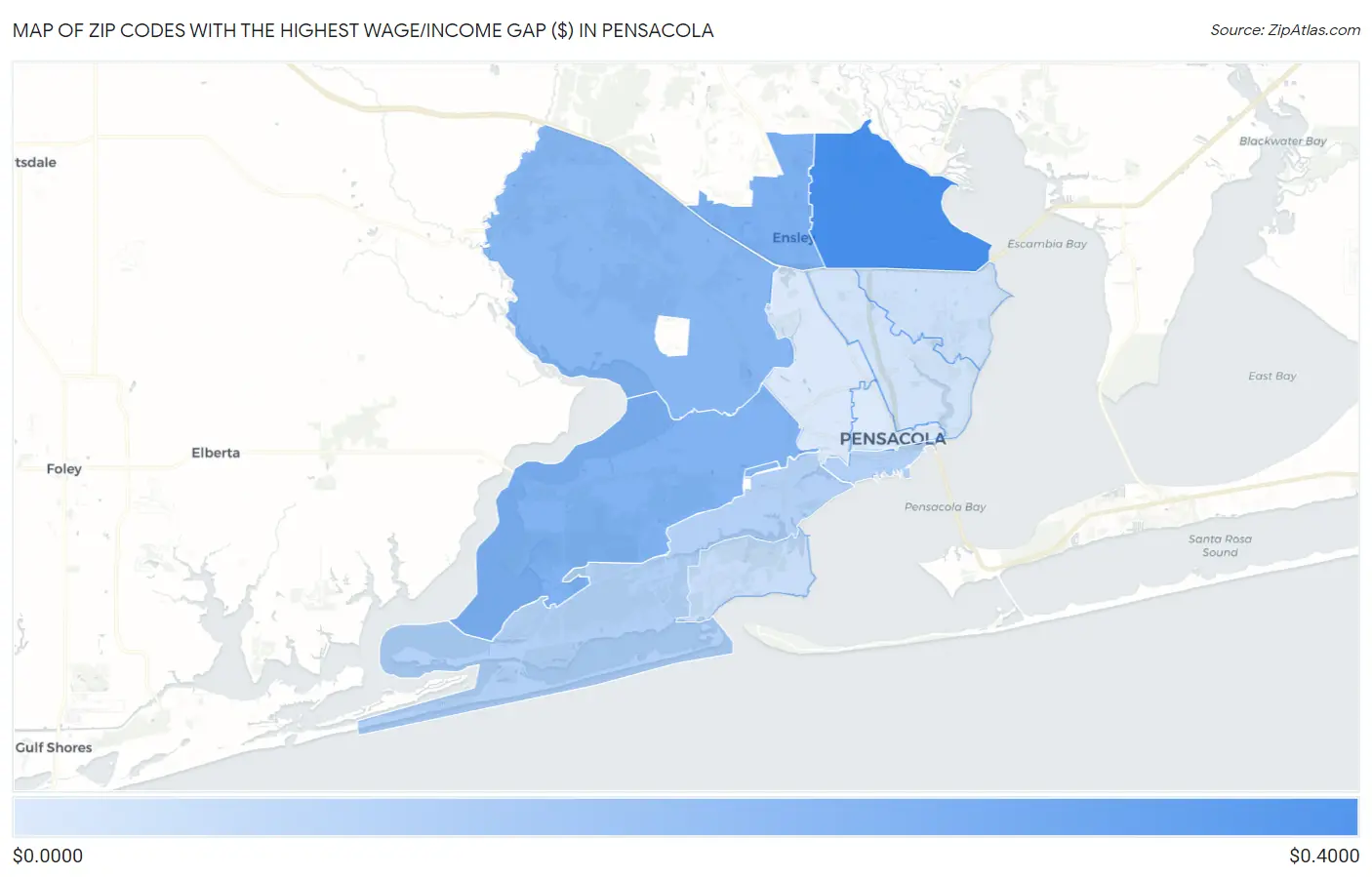 Zip Codes with the Highest Wage/Income Gap ($) in Pensacola Map