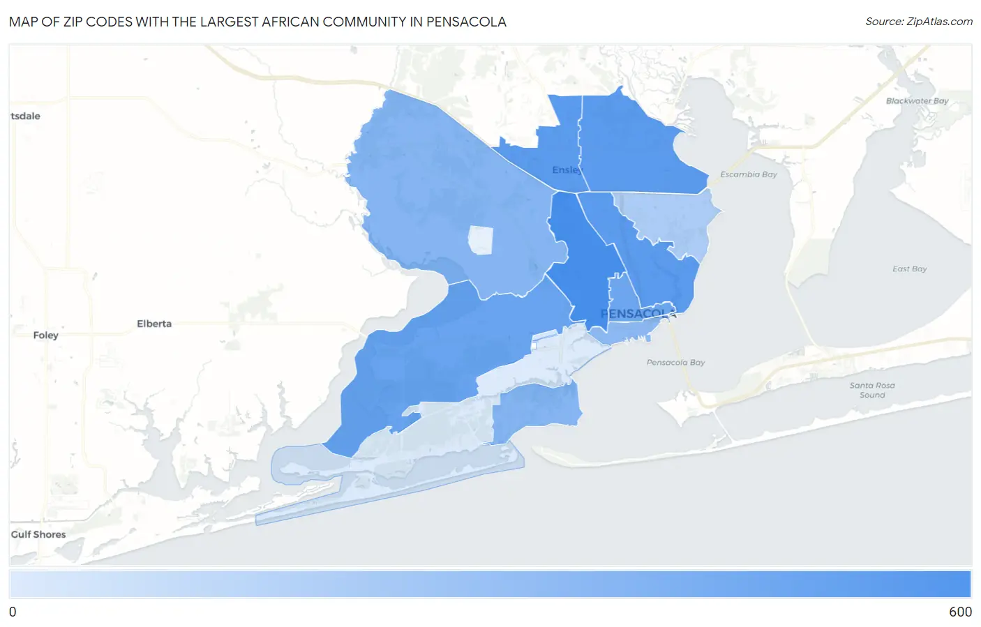 Zip Codes with the Largest African Community in Pensacola Map