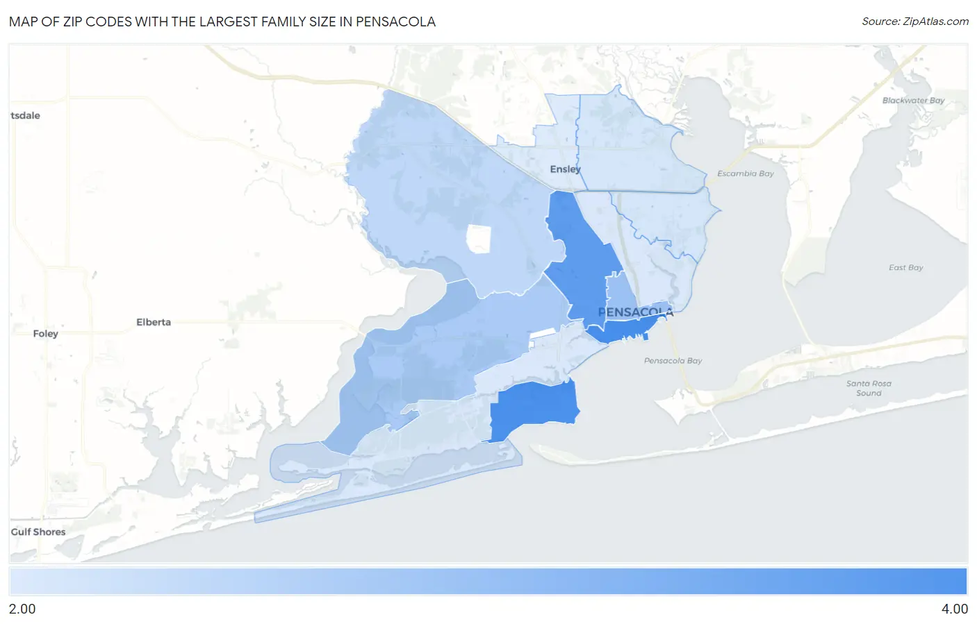 Zip Codes with the Largest Family Size in Pensacola Map