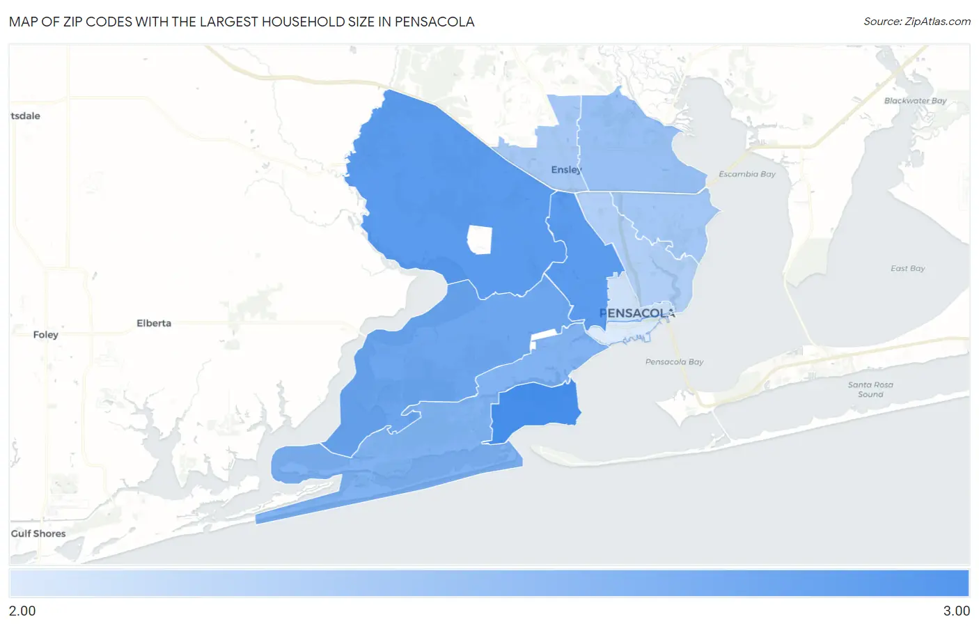 Zip Codes with the Largest Household Size in Pensacola Map