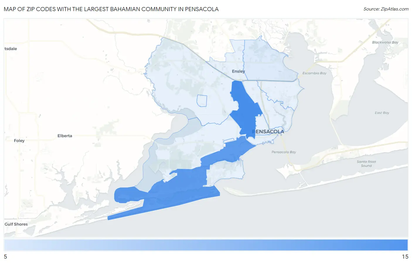 Zip Codes with the Largest Bahamian Community in Pensacola Map