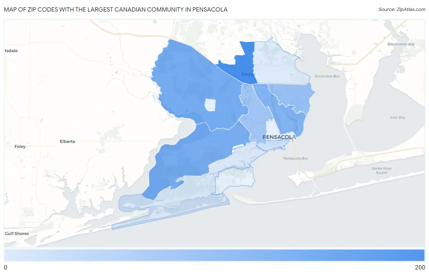 Zip Codes with the Largest Canadian Community in Pensacola Map