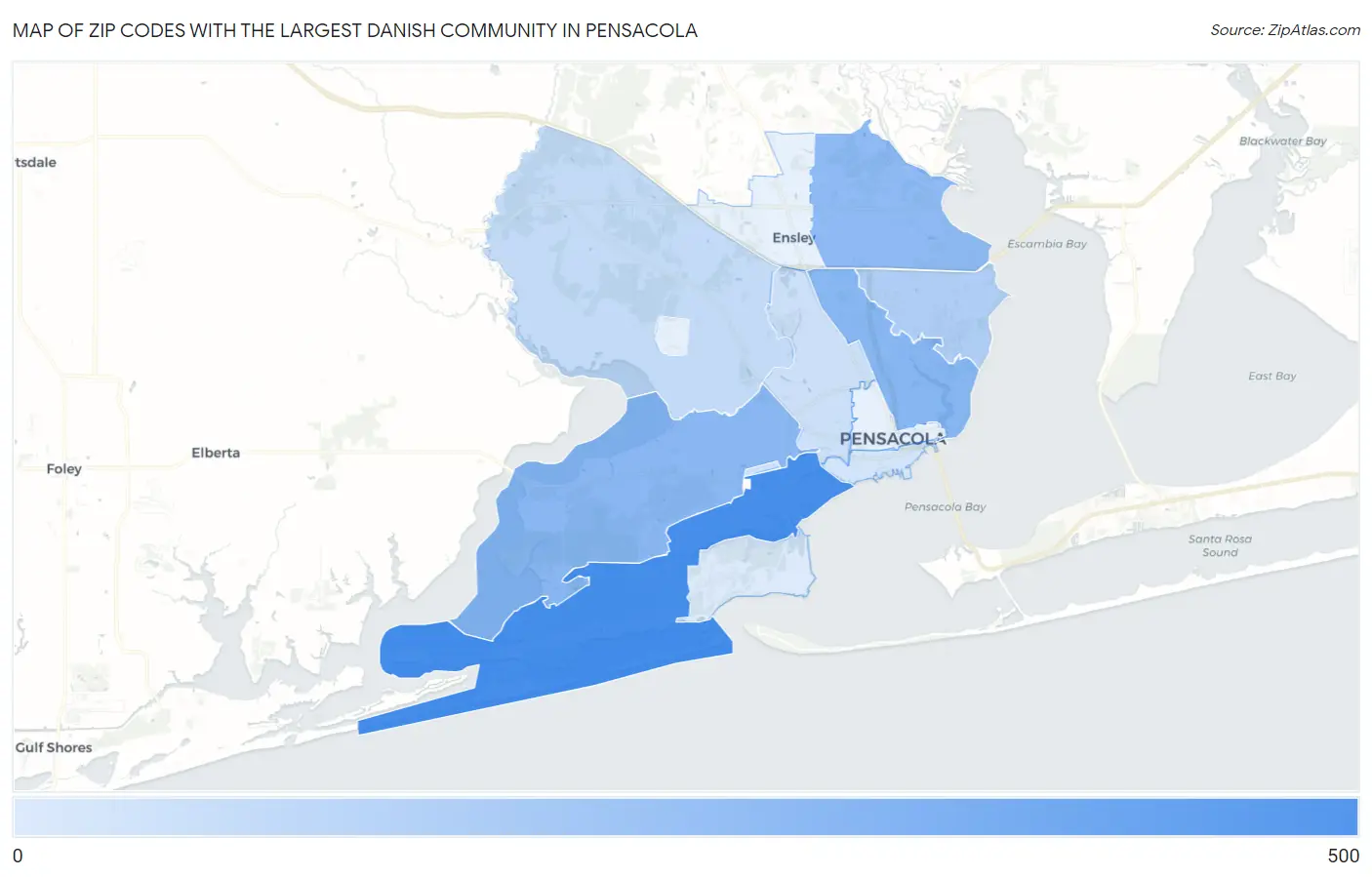 Zip Codes with the Largest Danish Community in Pensacola Map