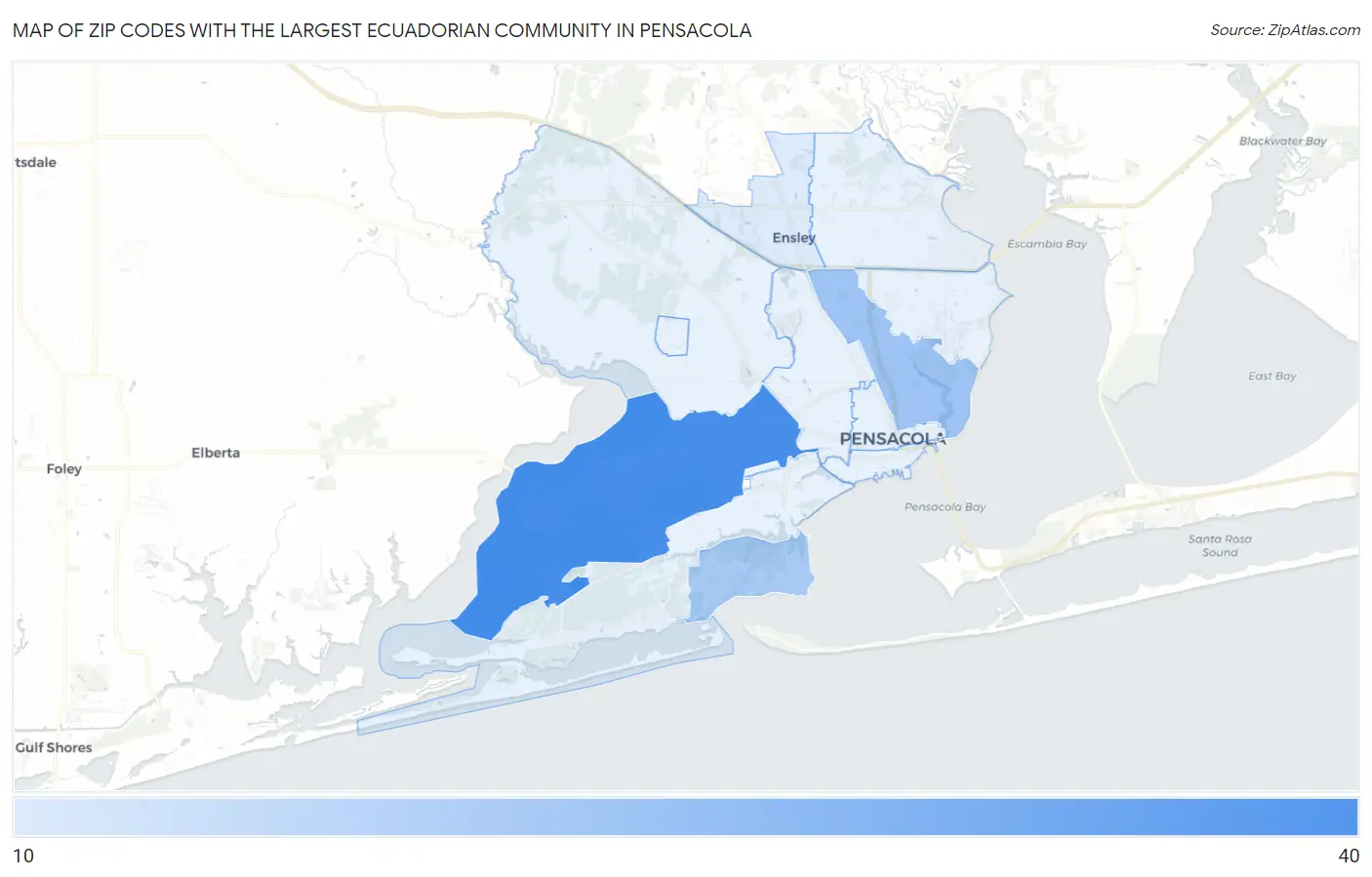 Zip Codes with the Largest Ecuadorian Community in Pensacola Map