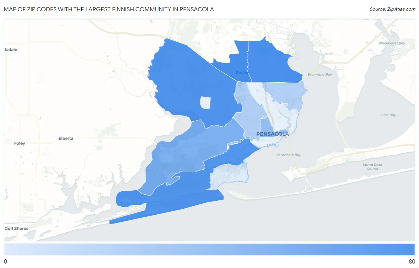 Zip Codes with the Largest Finnish Community in Pensacola Map