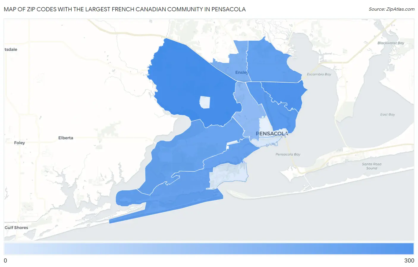 Zip Codes with the Largest French Canadian Community in Pensacola Map