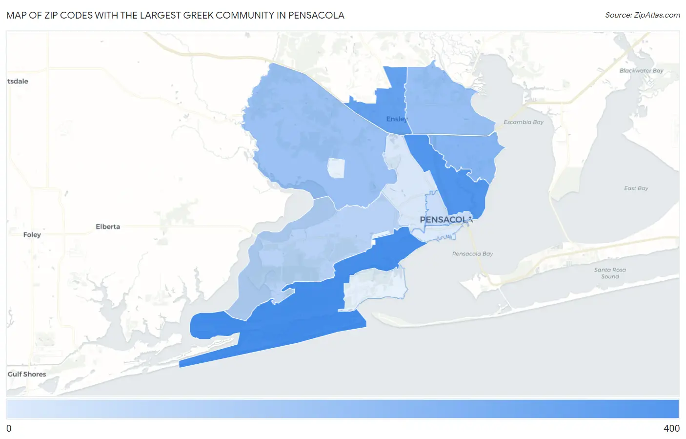Zip Codes with the Largest Greek Community in Pensacola Map
