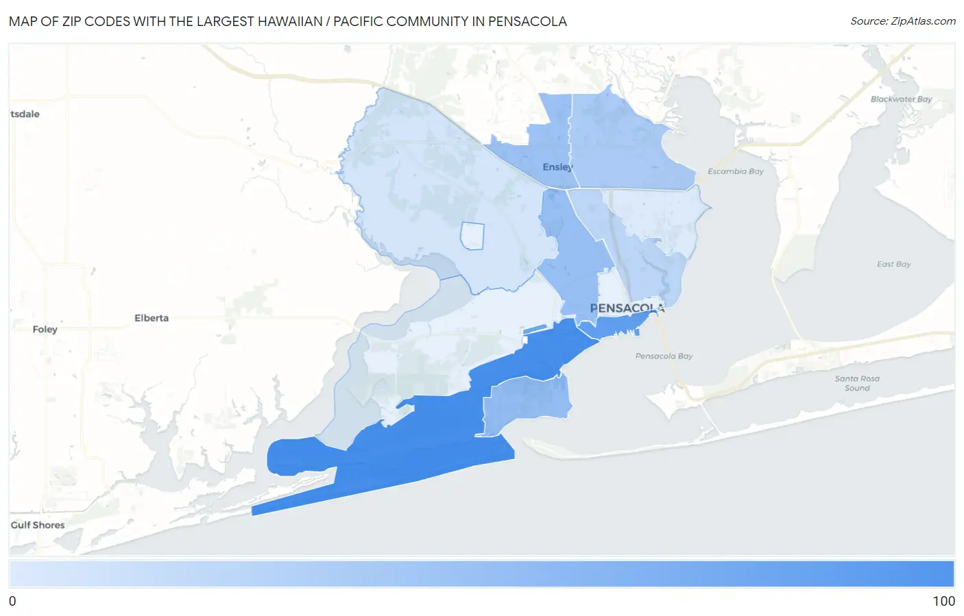 Zip Codes with the Largest Hawaiian / Pacific Community in Pensacola Map