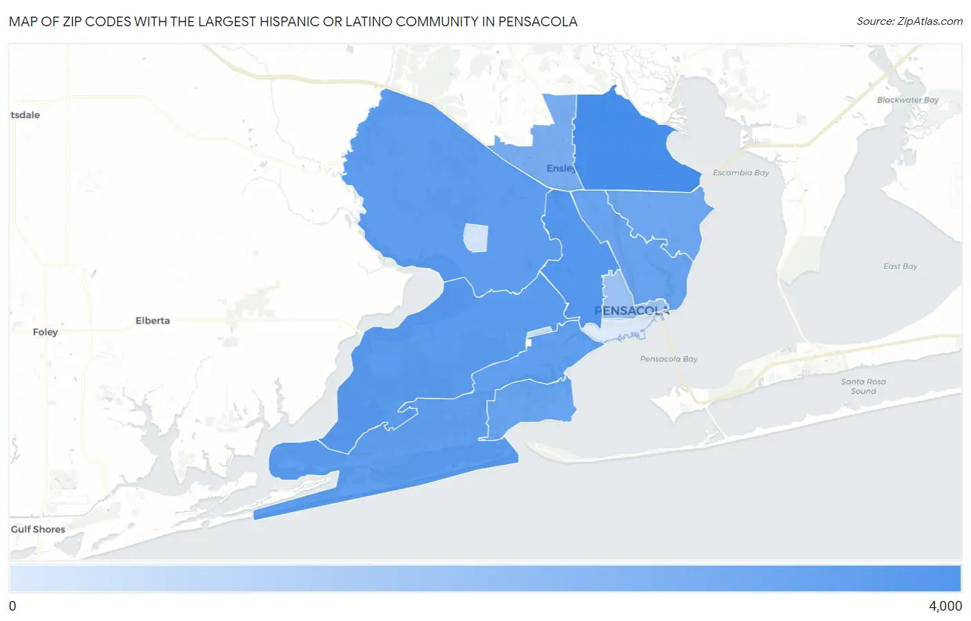 Zip Codes with the Largest Hispanic or Latino Community in Pensacola Map