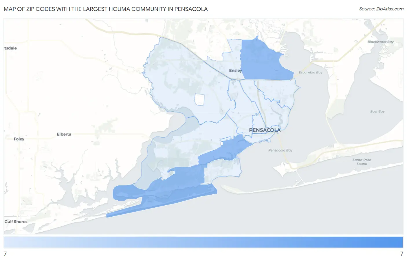 Zip Codes with the Largest Houma Community in Pensacola Map