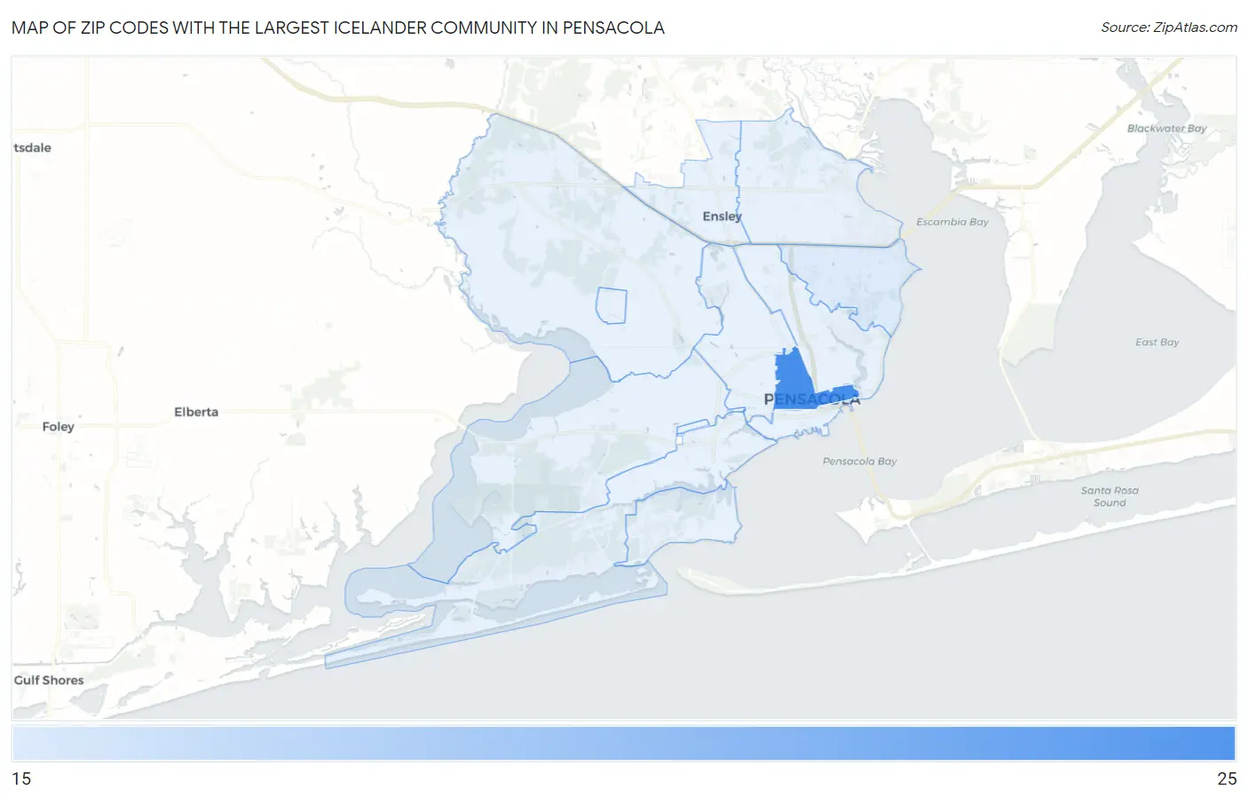Zip Codes with the Largest Icelander Community in Pensacola Map