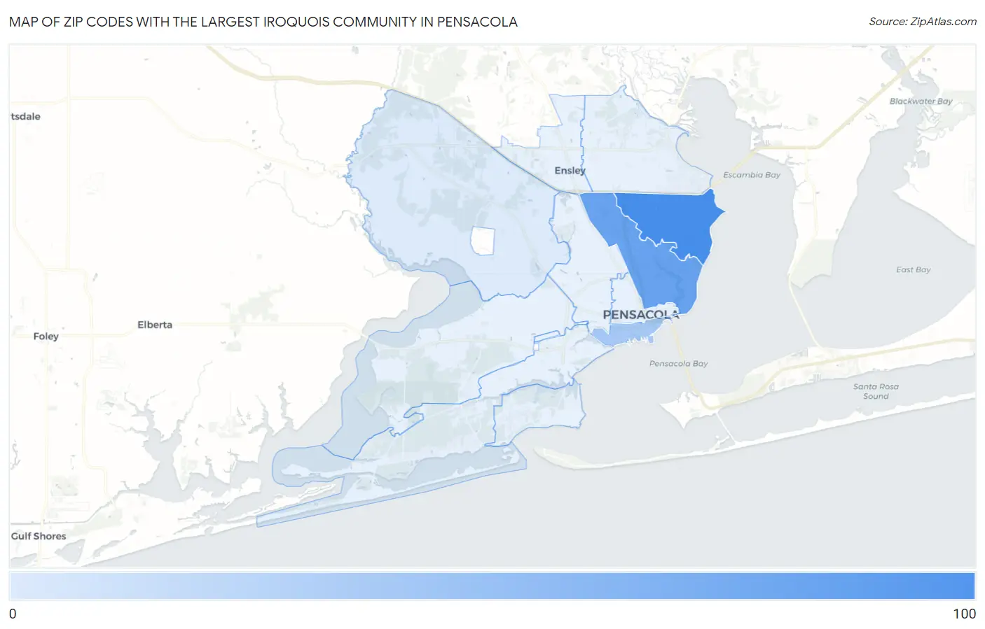 Zip Codes with the Largest Iroquois Community in Pensacola Map