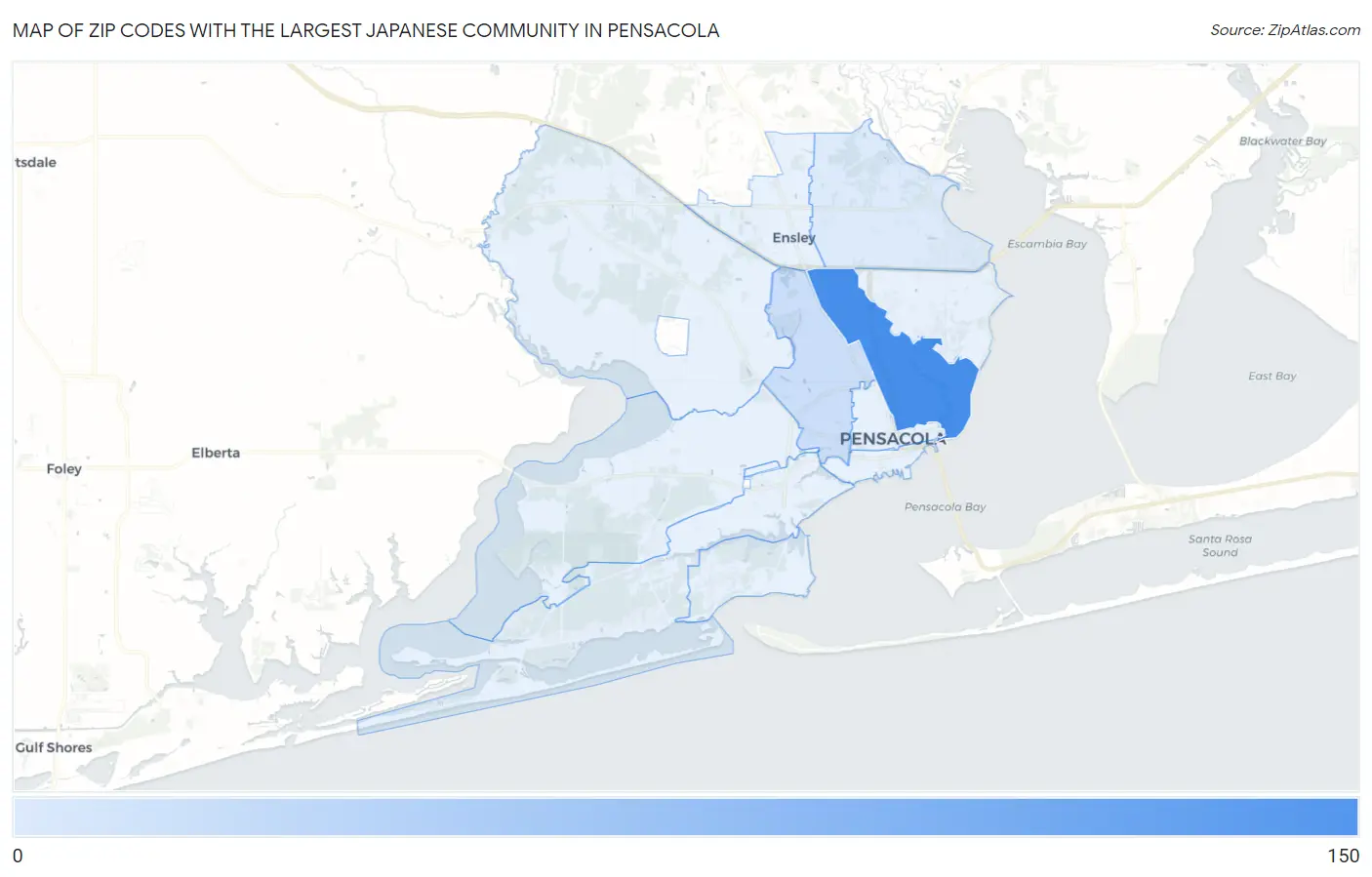 Zip Codes with the Largest Japanese Community in Pensacola Map