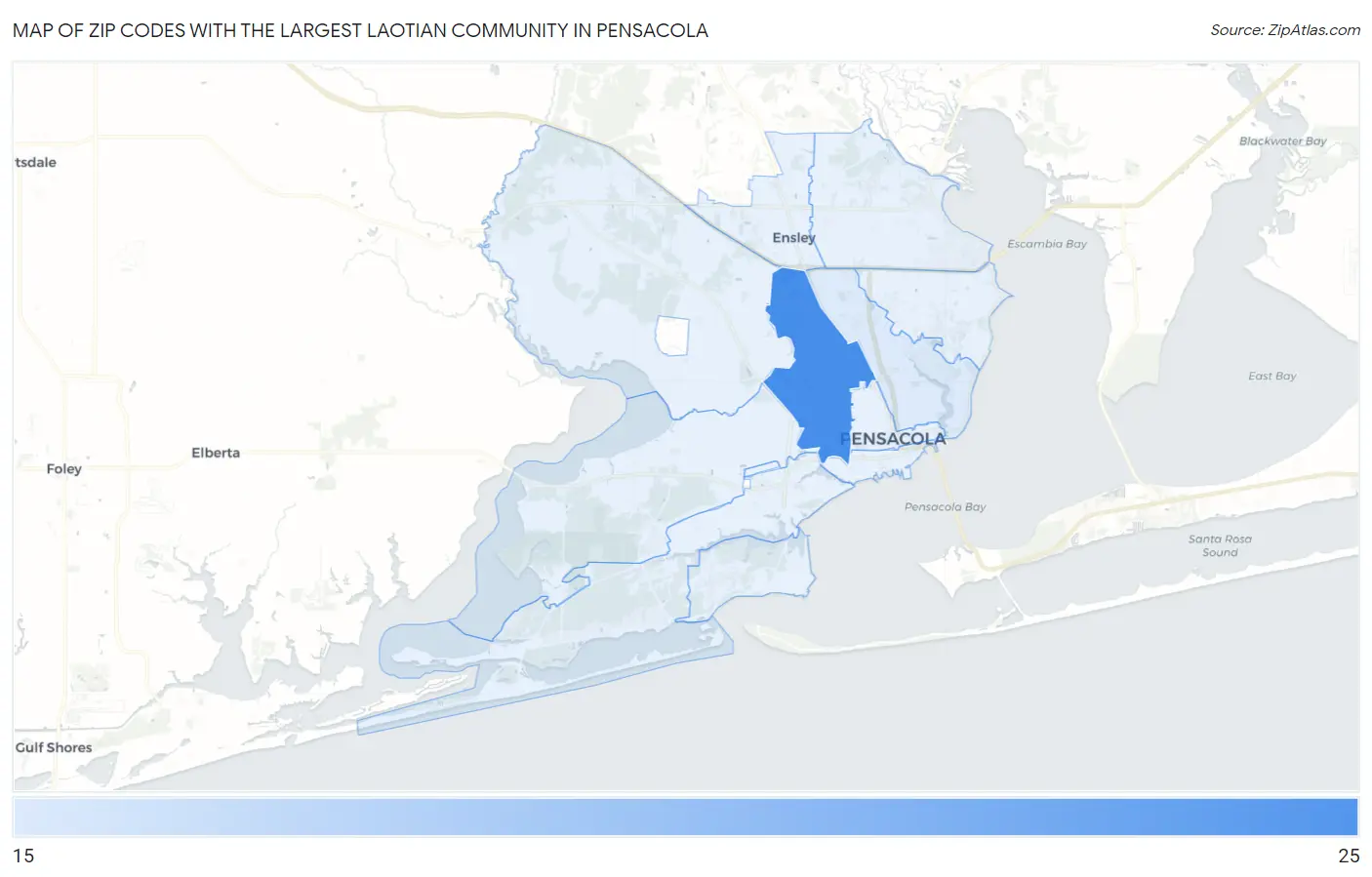 Zip Codes with the Largest Laotian Community in Pensacola Map