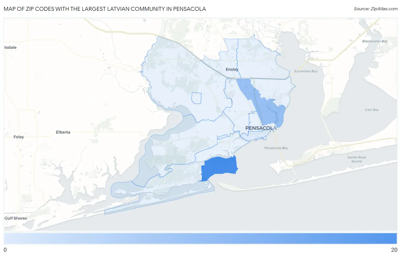 Zip Codes with the Largest Latvian Community in Pensacola Map
