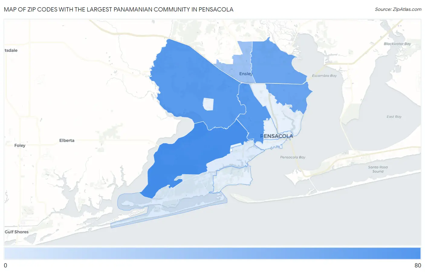 Zip Codes with the Largest Panamanian Community in Pensacola Map