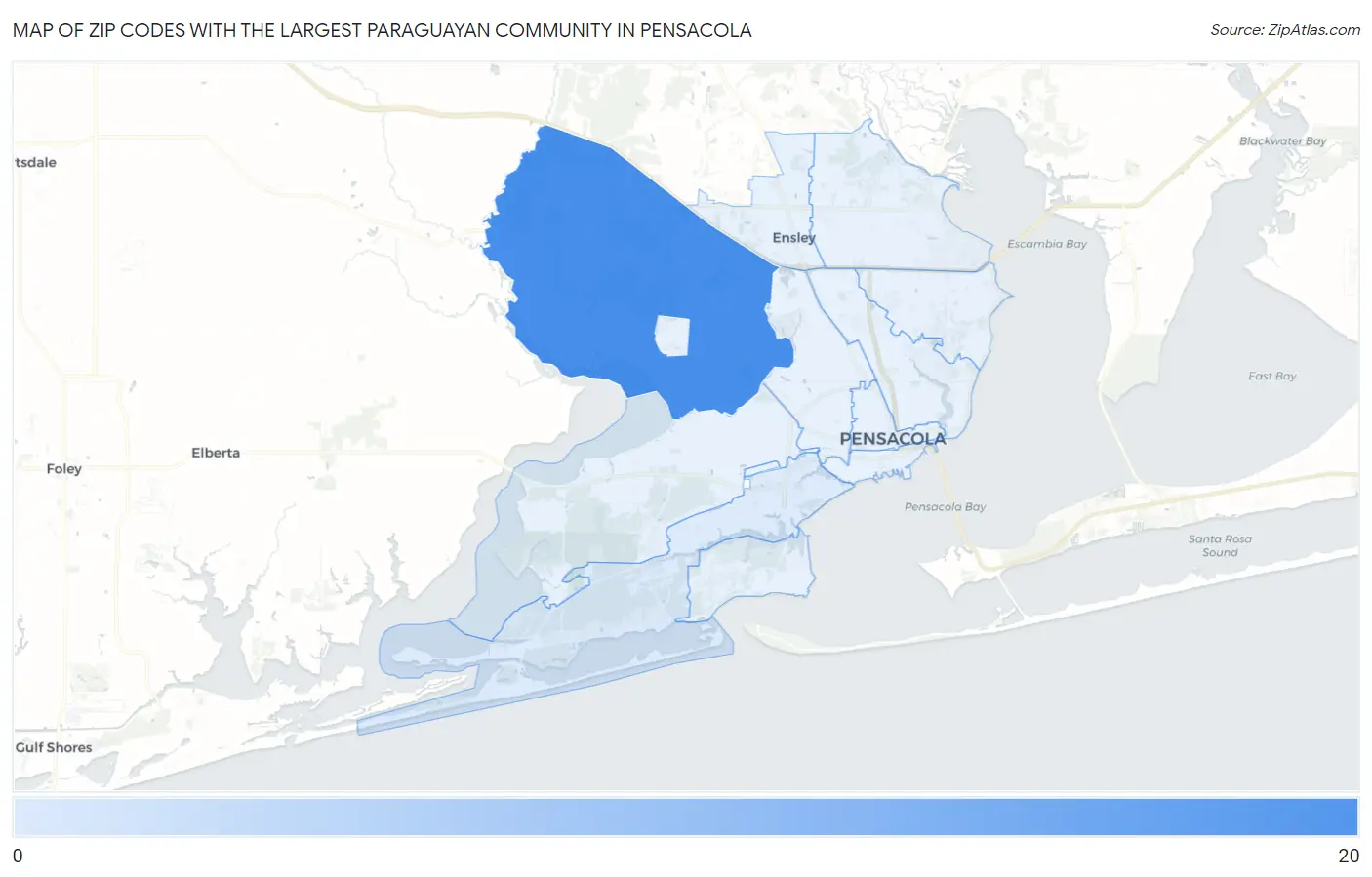 Zip Codes with the Largest Paraguayan Community in Pensacola Map