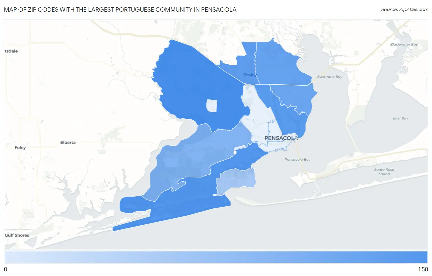 Zip Codes with the Largest Portuguese Community in Pensacola Map