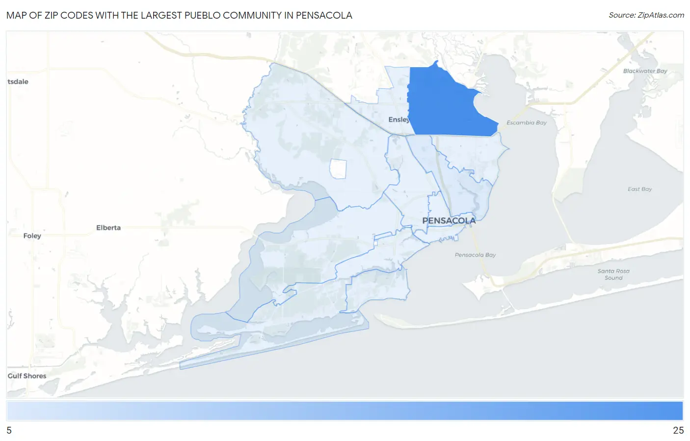 Zip Codes with the Largest Pueblo Community in Pensacola Map