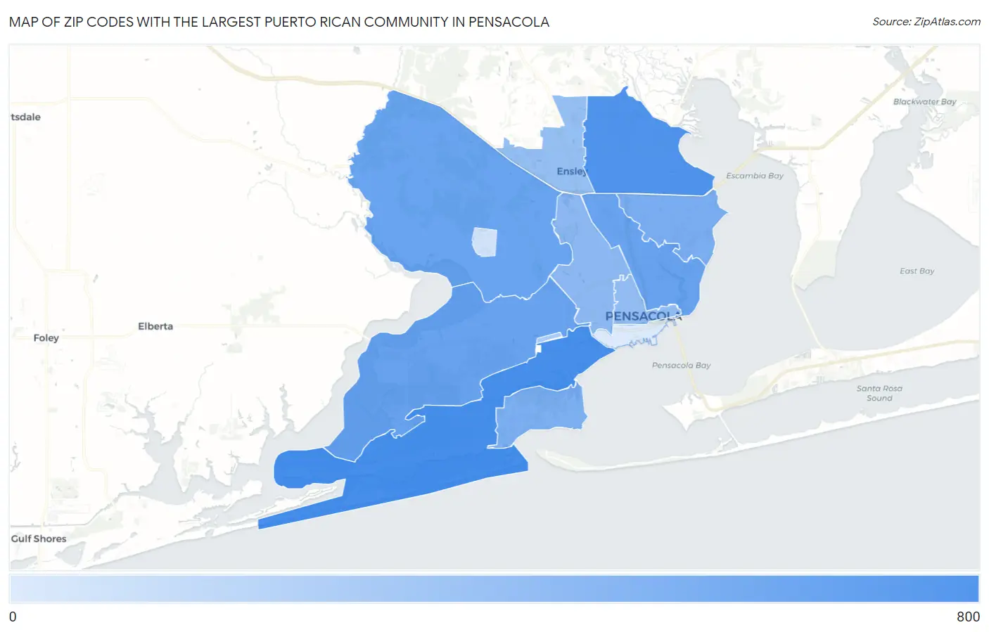 Zip Codes with the Largest Puerto Rican Community in Pensacola Map