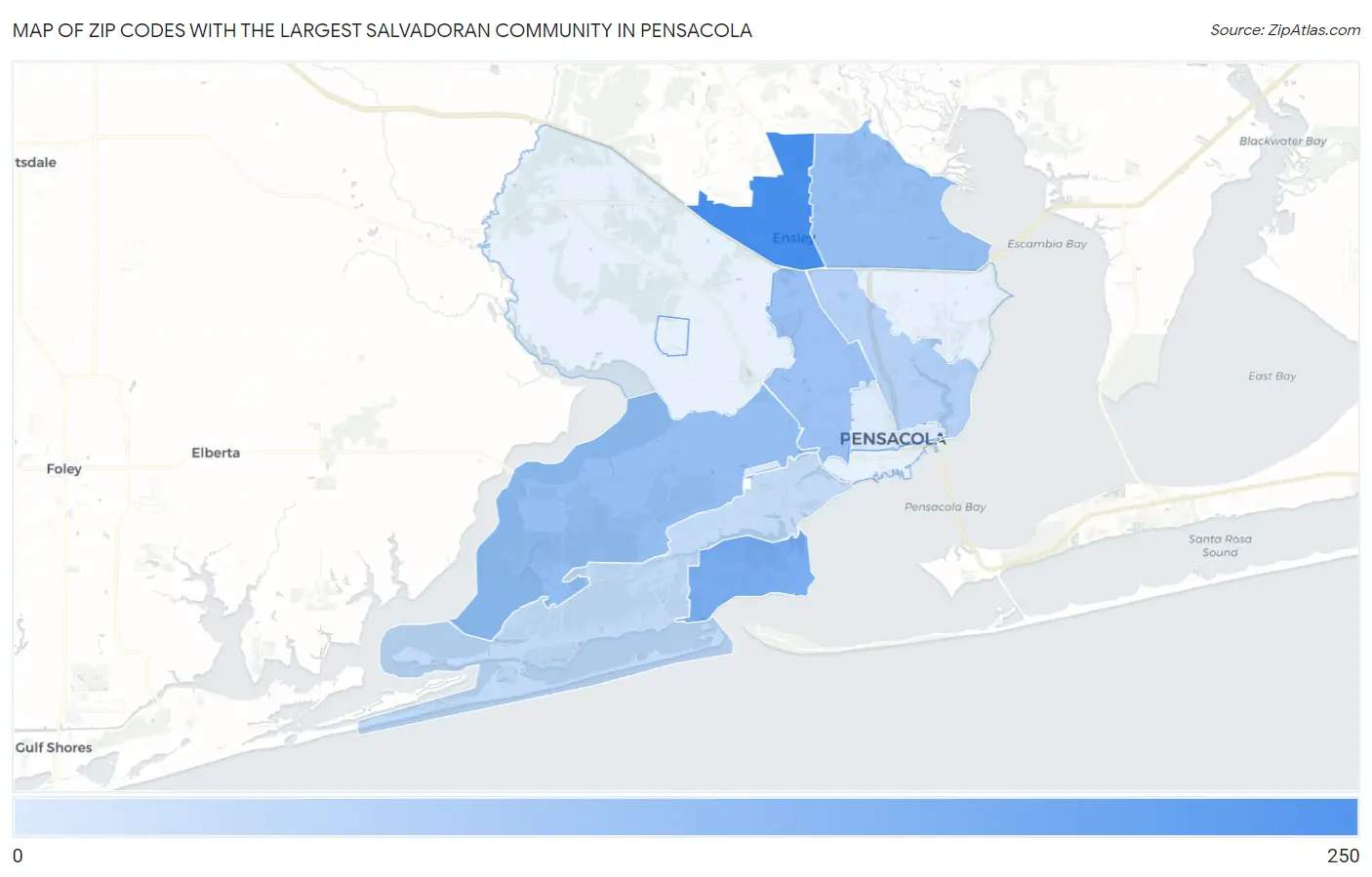Zip Codes with the Largest Salvadoran Community in Pensacola Map