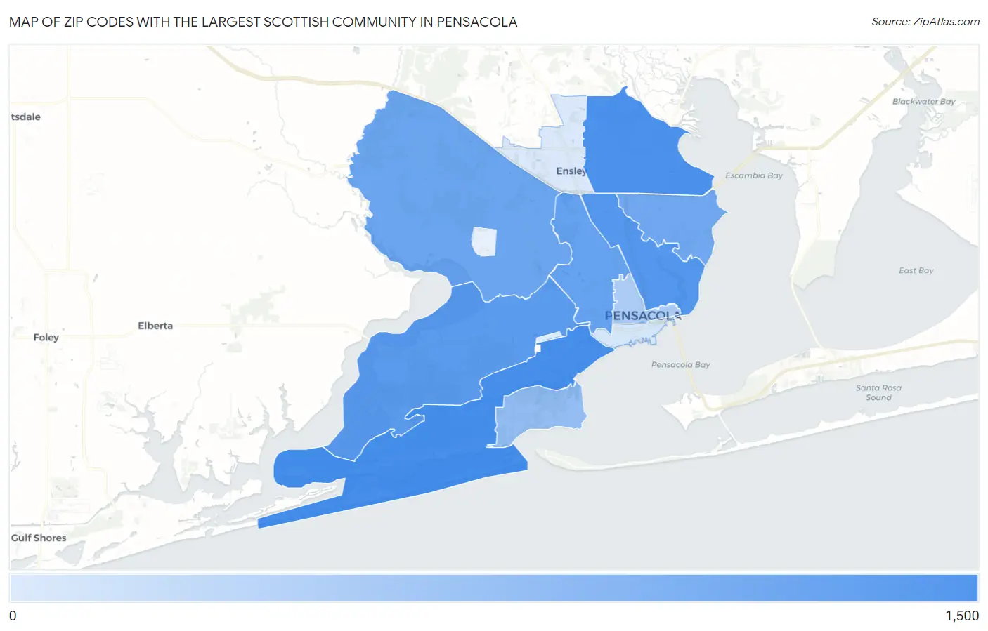Zip Codes with the Largest Scottish Community in Pensacola Map